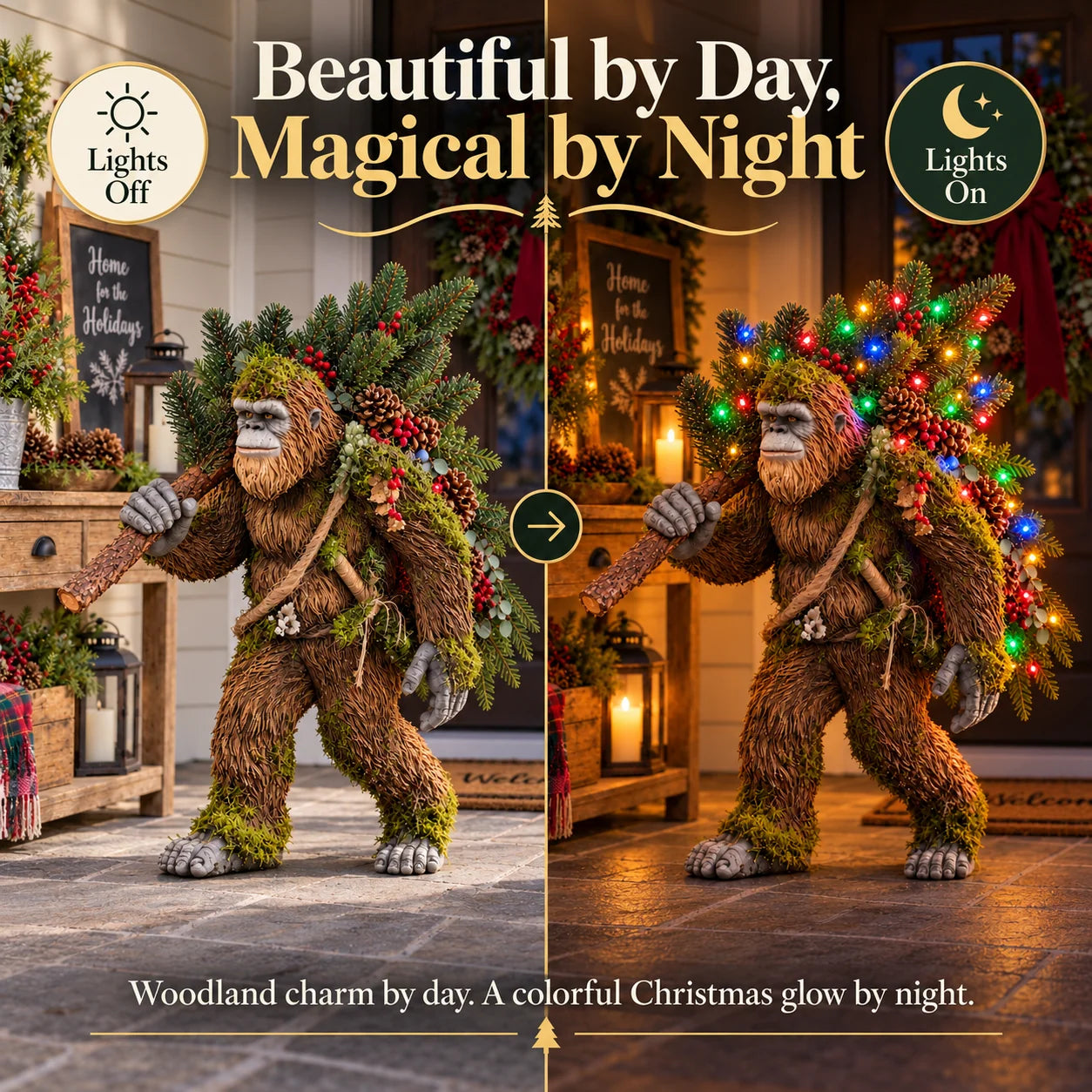 Woodland Sasquatch Christmas decoration shown with lights off in daylight and colorful LED lights glowing at night
