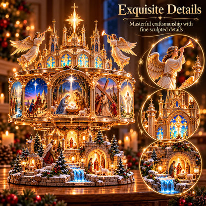 ✝️✨ Journey of Faith™ – 360° Rotating Lighted Bible Story Nativity Display with Angelic Cathedral & Sacred Scenes