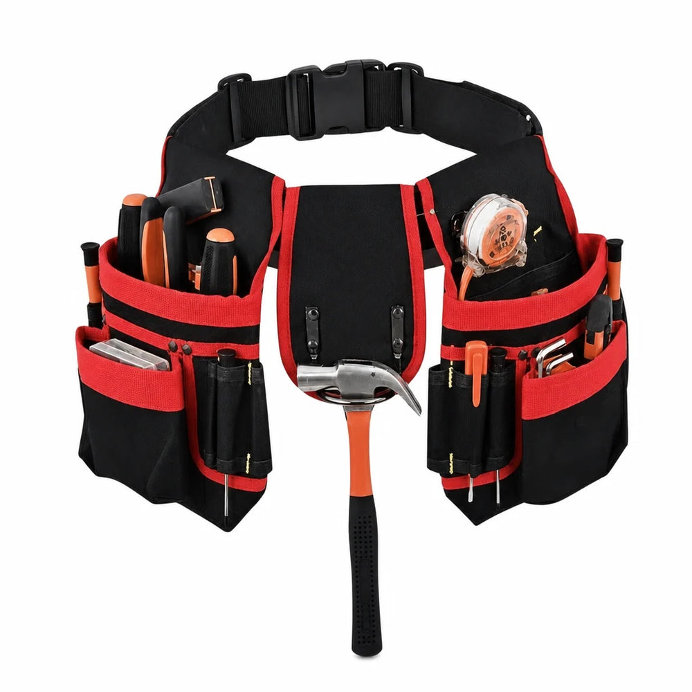 Black tool waist bag with red trim and multiple storage pockets