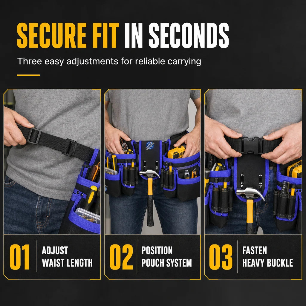 👷🛠️ Adjustable Tool Waist Bag – Multi-Pocket Work Belt with Magnetic Screw Holder, Reinforced Stitching & Quick-Release Buckle ⚡