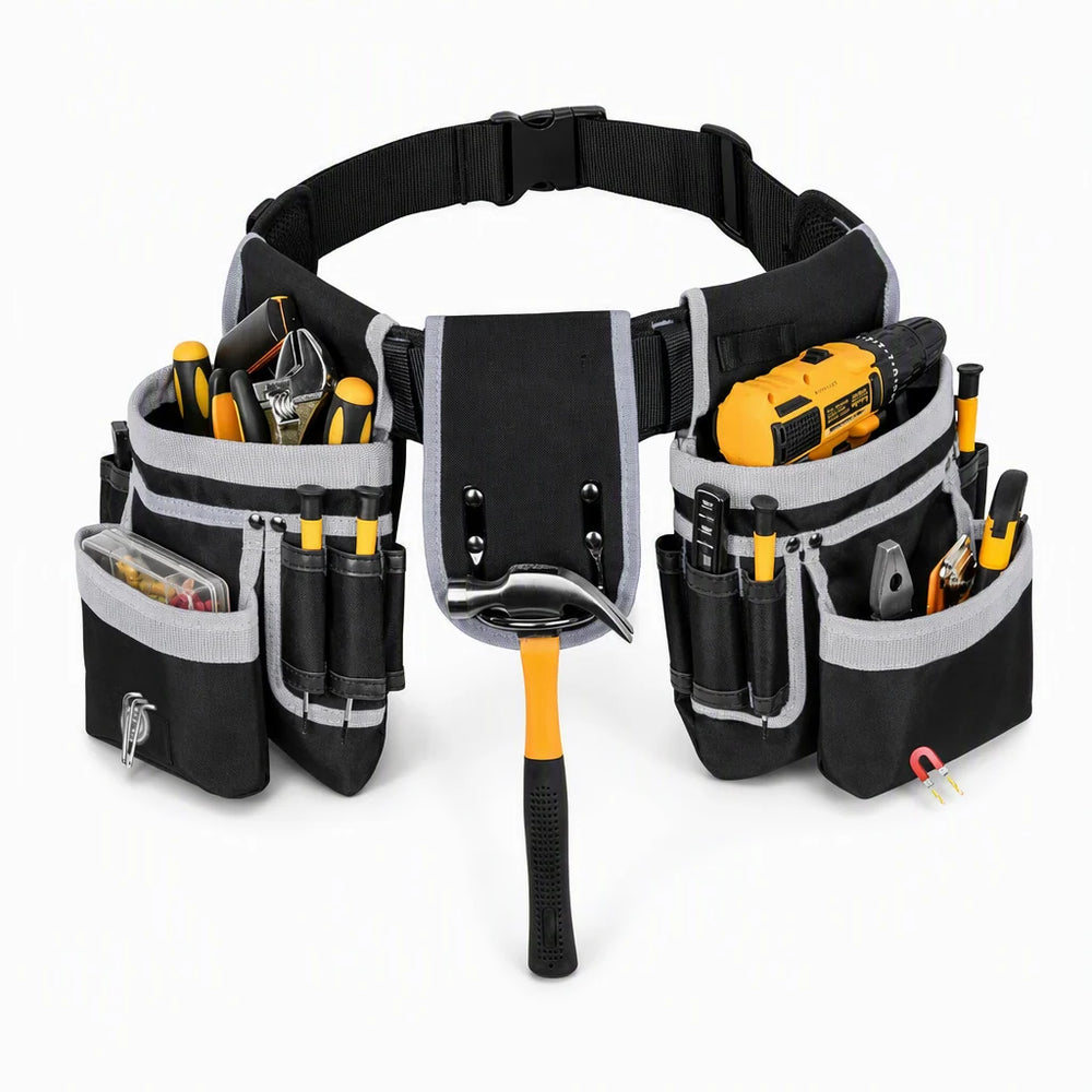 Black tool waist bag with gray trim and multiple organized pouches