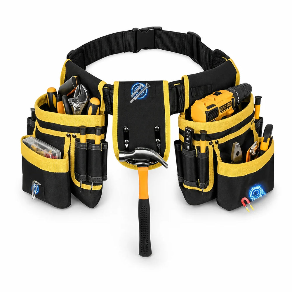 Black and yellow adjustable tool waist bag with multiple pockets, hammer holder and storage for hand tools