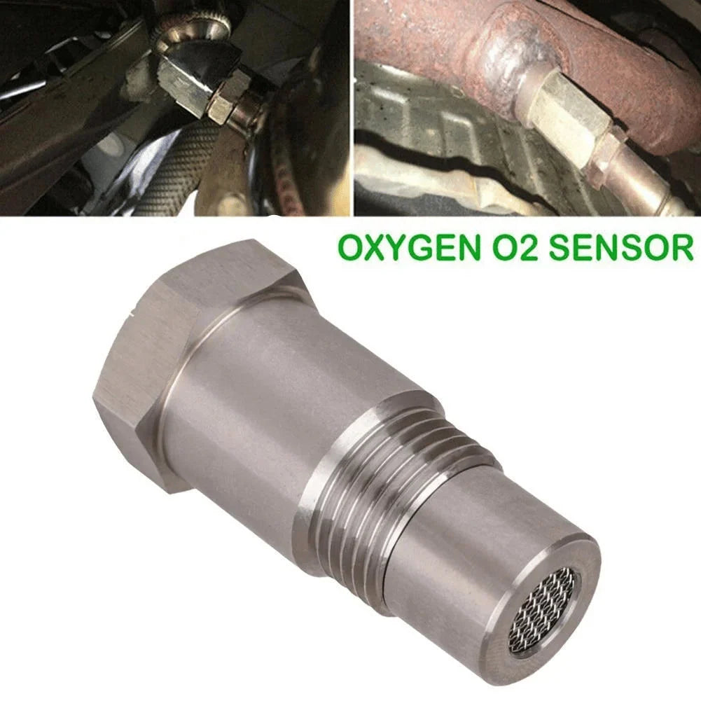 Stainless steel oxygen sensor spacer adapter with threaded body and mesh-style opening, shown alongside exhaust sensor examples