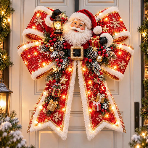 🎀🎄 Oversized Light-Up Christmas Door Bow – 24-Inch Holiday Welcome Decoration with Warm LED Glow, Santa, Snowman, Highland Cow & 6 Festive Styles ✨🏡