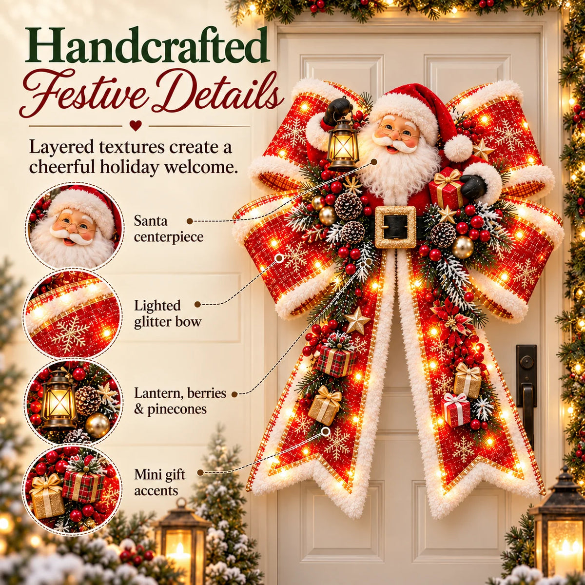 🎀🎄 Oversized Light-Up Christmas Door Bow – 24-Inch Holiday Welcome Decoration with Warm LED Glow, Santa, Snowman, Highland Cow & 6 Festive Styles ✨🏡