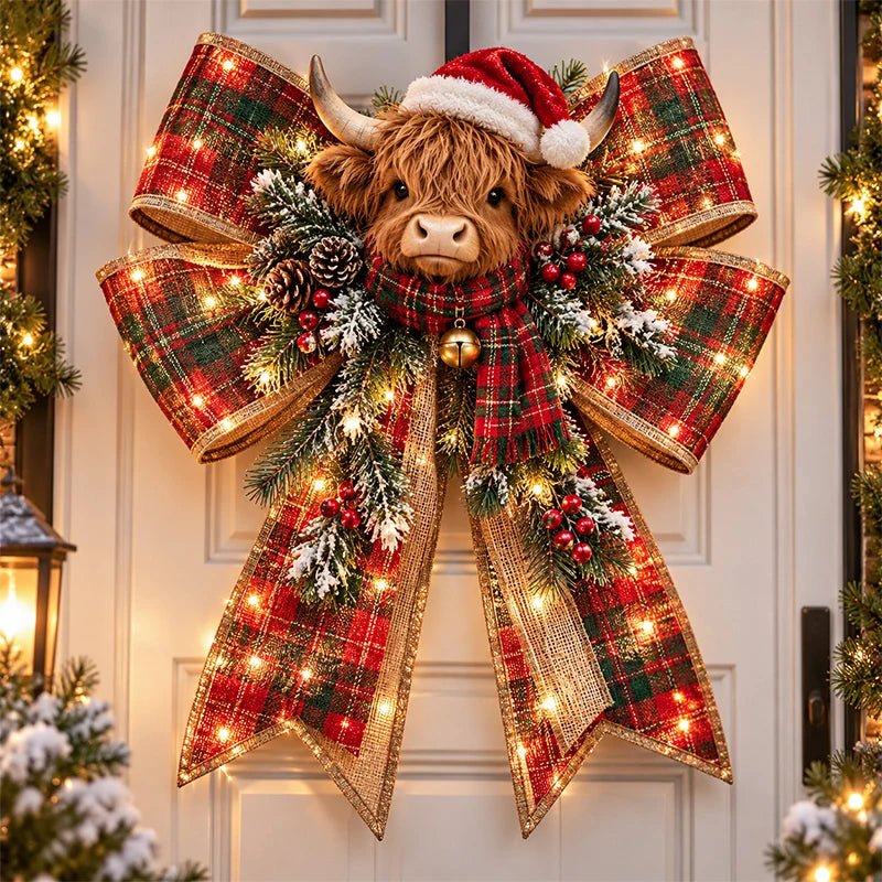 🎀🎄 Oversized Light-Up Christmas Door Bow – 24-Inch Holiday Welcome Decoration with Warm LED Glow, Santa, Snowman, Highland Cow & 6 Festive Styles ✨🏡