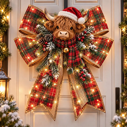 🎀🎄 Oversized Light-Up Christmas Door Bow – 24-Inch Holiday Welcome Decoration with Warm LED Glow, Santa, Snowman, Highland Cow & 6 Festive Styles ✨🏡