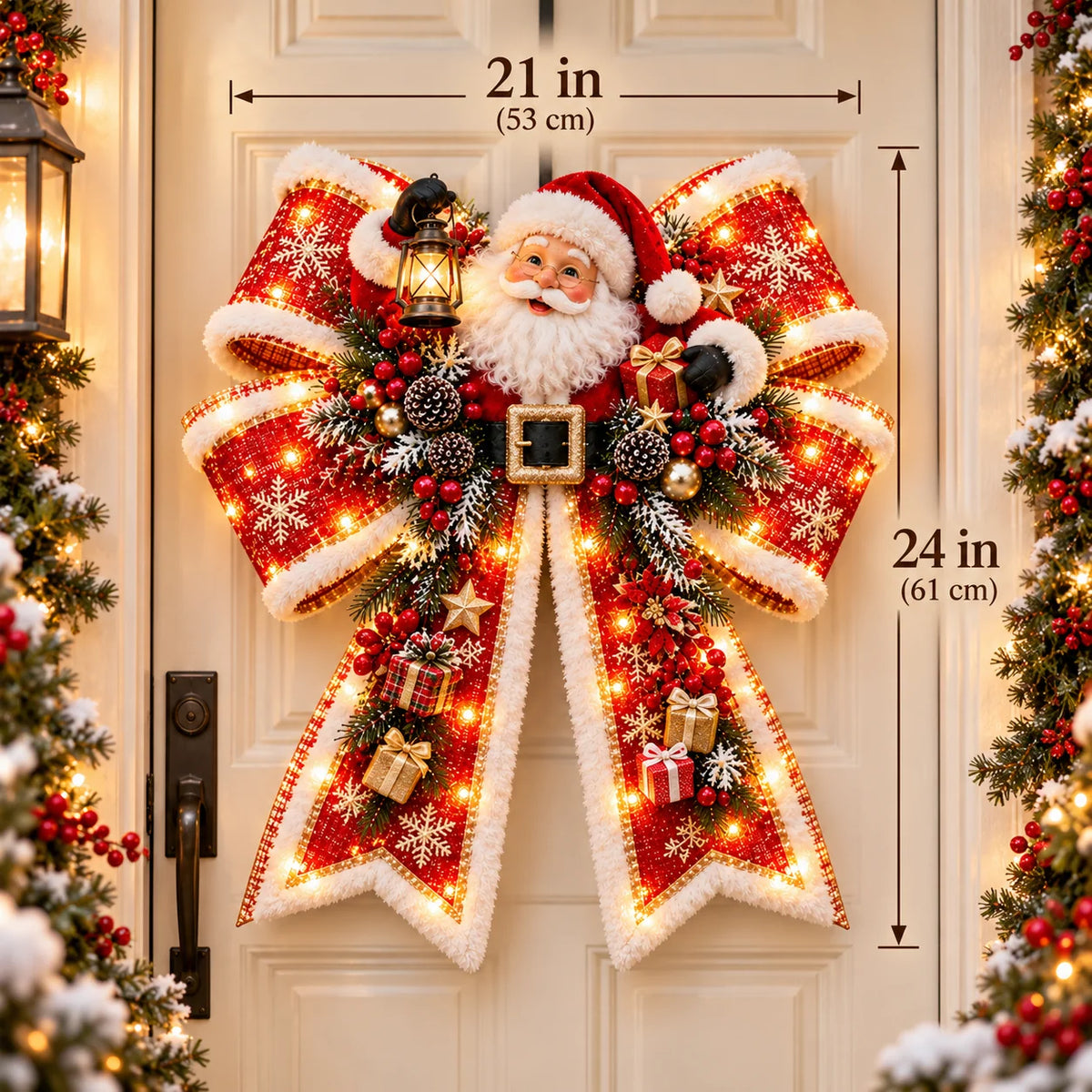 🎀🎄 Oversized Light-Up Christmas Door Bow – 24-Inch Holiday Welcome Decoration with Warm LED Glow, Santa, Snowman, Highland Cow & 6 Festive Styles ✨🏡