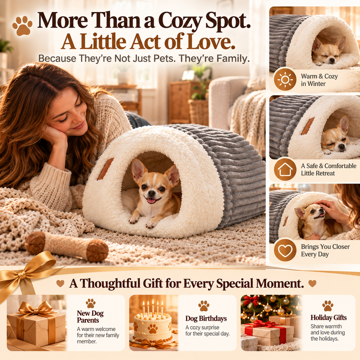 🐾 Cozy Hooded Dog Cave Bed – Plush Sherpa-Lined Pet Hideaway, Soft Enclosed Sleeping Nest in Caramel or Gray 🐶🤎