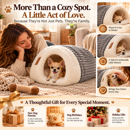 🐾 Cozy Hooded Dog Cave Bed – Plush Sherpa-Lined Pet Hideaway, Soft Enclosed Sleeping Nest in Caramel or Gray 🐶🤎