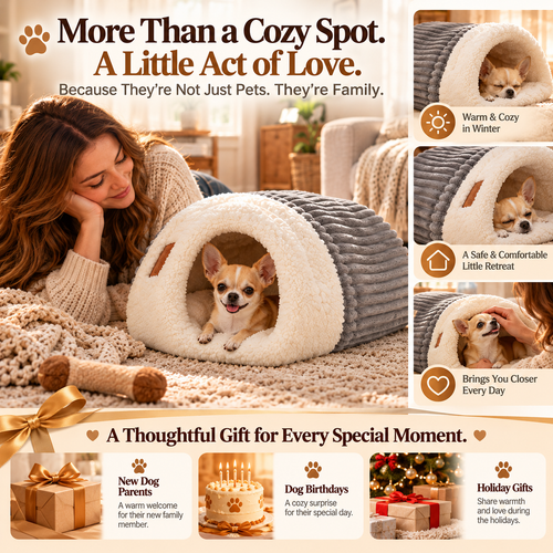 🐾 Cozy Hooded Dog Cave Bed – Plush Sherpa-Lined Pet Hideaway, Soft Enclosed Sleeping Nest in Caramel or Gray 🐶🤎