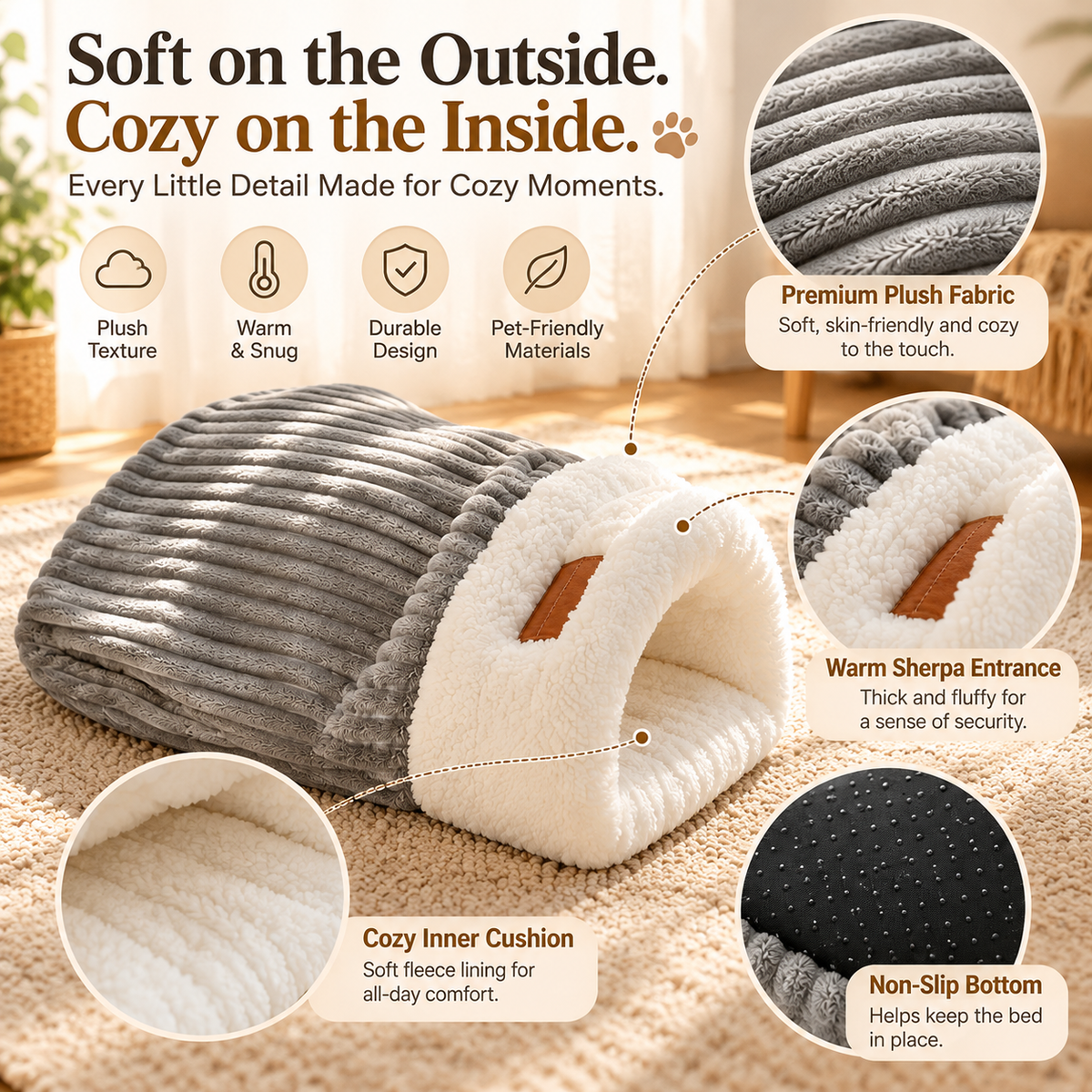 🐾 Cozy Hooded Dog Cave Bed – Plush Sherpa-Lined Pet Hideaway, Soft Enclosed Sleeping Nest in Caramel or Gray 🐶🤎