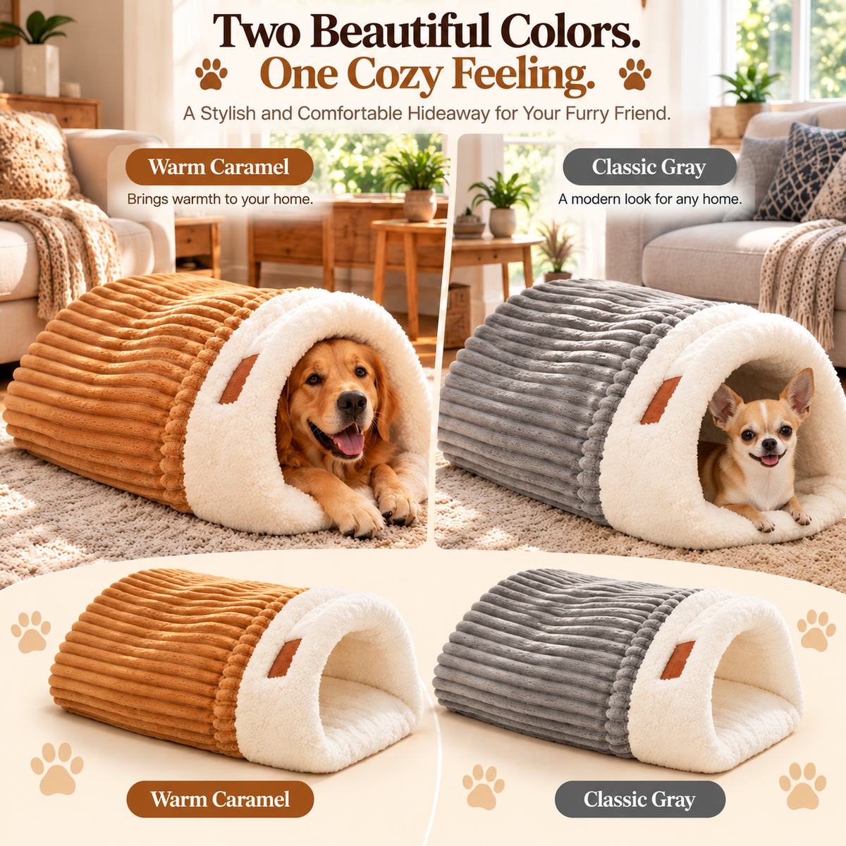 🐾 Cozy Hooded Dog Cave Bed – Plush Sherpa-Lined Pet Hideaway, Soft Enclosed Sleeping Nest in Caramel or Gray 🐶🤎