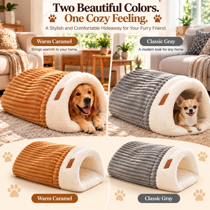 🐾 Cozy Hooded Dog Cave Bed – Plush Sherpa-Lined Pet Hideaway, Soft Enclosed Sleeping Nest in Caramel or Gray 🐶🤎