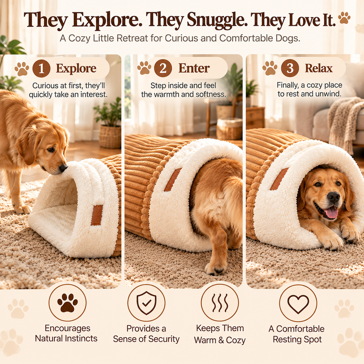 🐾 Cozy Hooded Dog Cave Bed – Plush Sherpa-Lined Pet Hideaway, Soft Enclosed Sleeping Nest in Caramel or Gray 🐶🤎