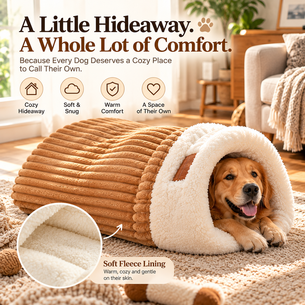 🐾 Cozy Hooded Dog Cave Bed – Plush Sherpa-Lined Pet Hideaway, Soft Enclosed Sleeping Nest in Caramel or Gray 🐶🤎
