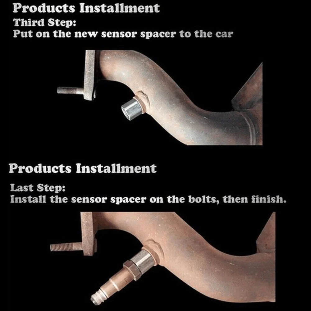 Product reference showing the oxygen sensor spacer in relation to an exhaust pipe and oxygen sensor