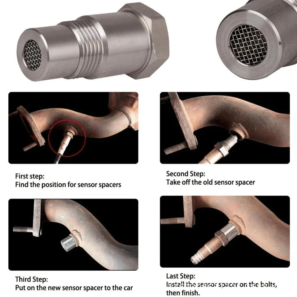 Close-up of the stainless steel O2 sensor spacer body, threaded section and mesh-style opening