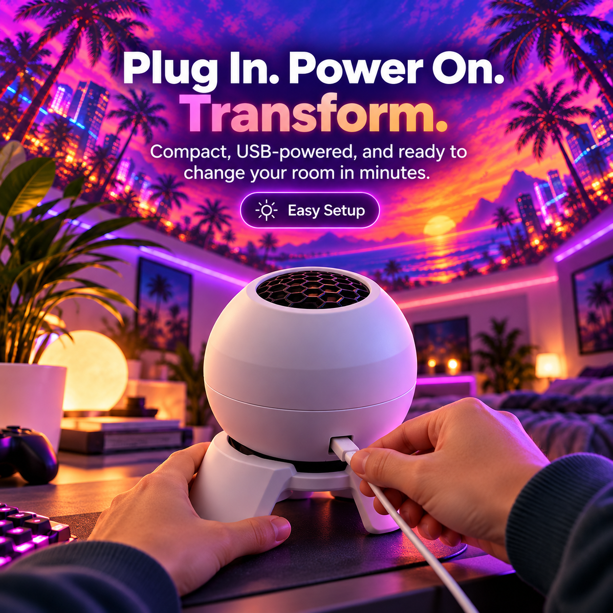 Hands connecting the USB power cable to the white dome projector against a vivid retro neon sunset scene
