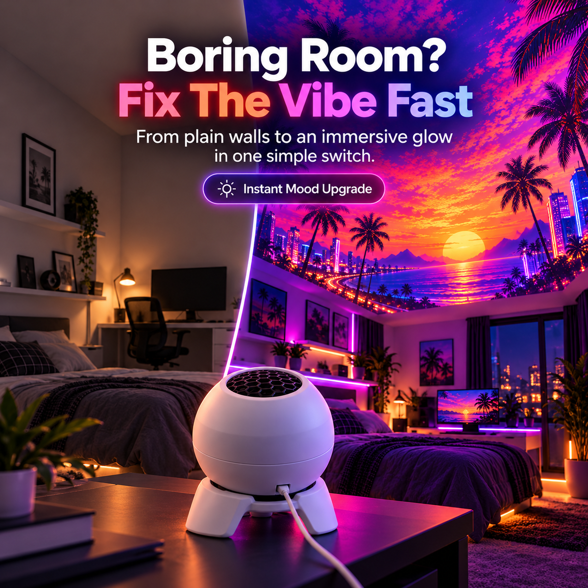 🌆 Retro Neon Dome Projector Lamp ✨ Immersive Sunset Room Light for Gaming & Bedroom Decor