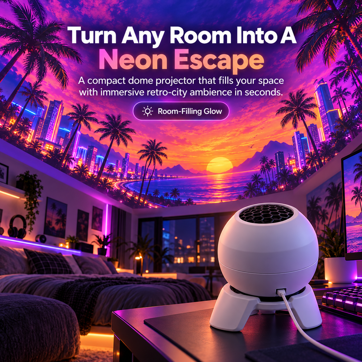 🌆 Retro Neon Dome Projector Lamp ✨ Immersive Sunset Room Light for Gaming & Bedroom Decor