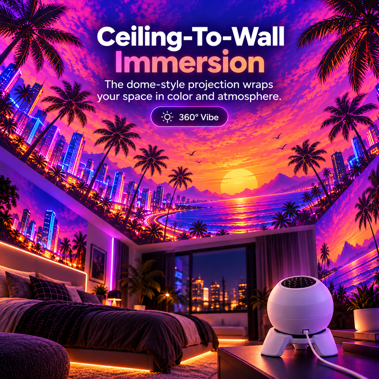 White dome projector creating an immersive neon sunset scene across a bedroom ceiling and walls