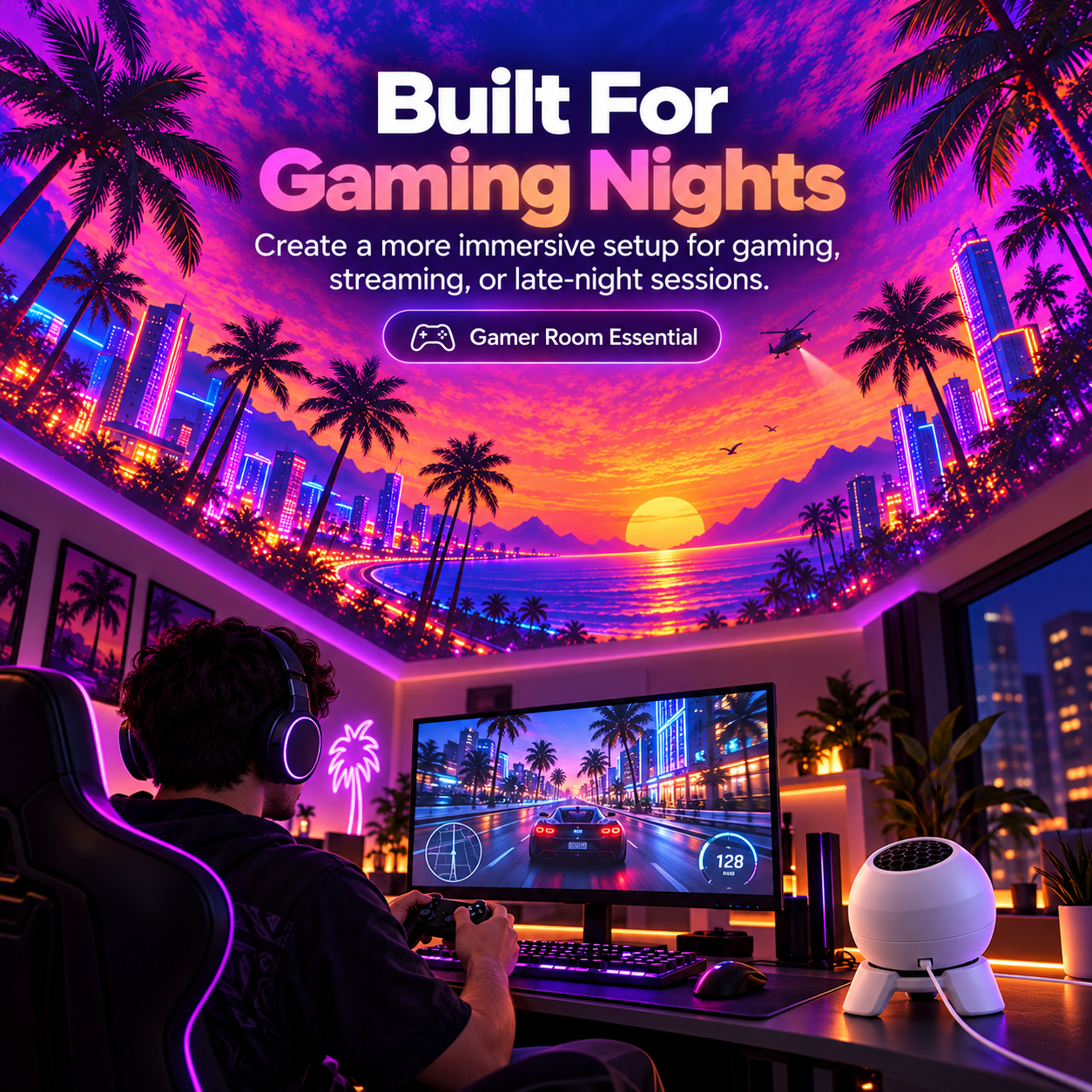 Gamer wearing a headset at a desktop gaming setup beneath a vibrant retro neon sunset ceiling projection