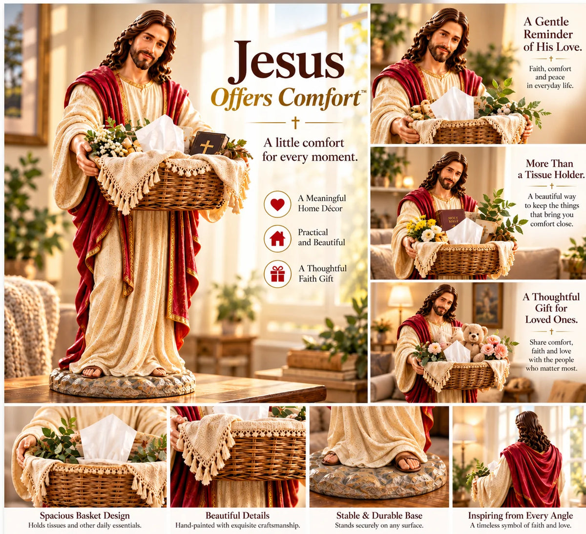 ✝️ Limited-Time Sale | Jesus Offers Comfort™ – Jesus Figurine with Decorative Storage Basket | Meaningful Christian Home Decor & Faith-Inspired Gift 🎁