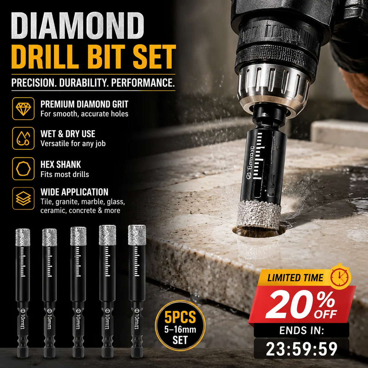 💎 7PCS Diamond Drill Bit Set – 5–16mm Hex Shank Hole Saw Kit, Dry & Wet Drilling for Porcelain Tile, Ceramic, Glass, Granite & Marble | Smooth Precision Cutting for DIY & Professional Projects 🛠️