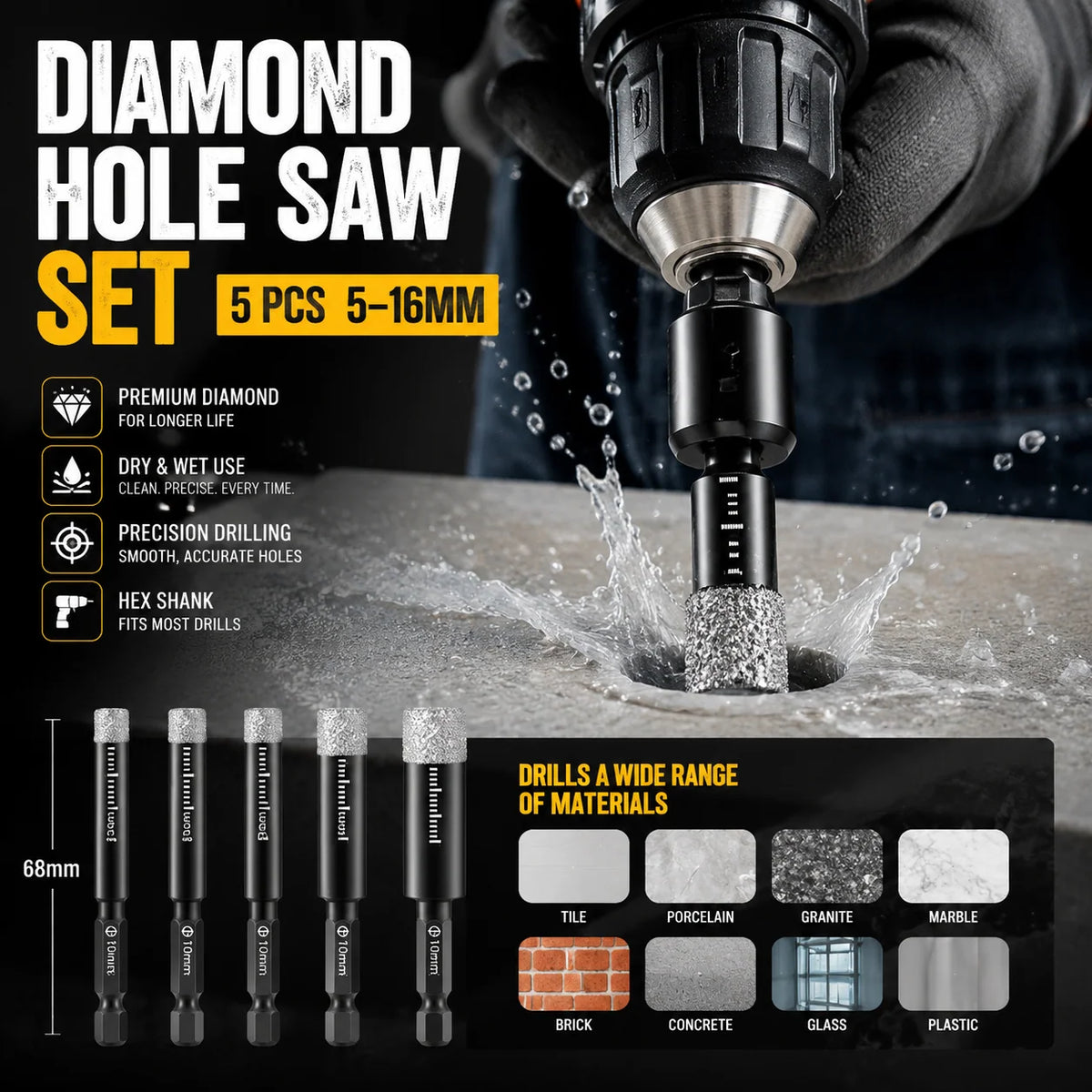 💎 7PCS Diamond Drill Bit Set – 5–16mm Hex Shank Hole Saw Kit, Dry & Wet Drilling for Porcelain Tile, Ceramic, Glass, Granite & Marble | Smooth Precision Cutting for DIY & Professional Projects 🛠️