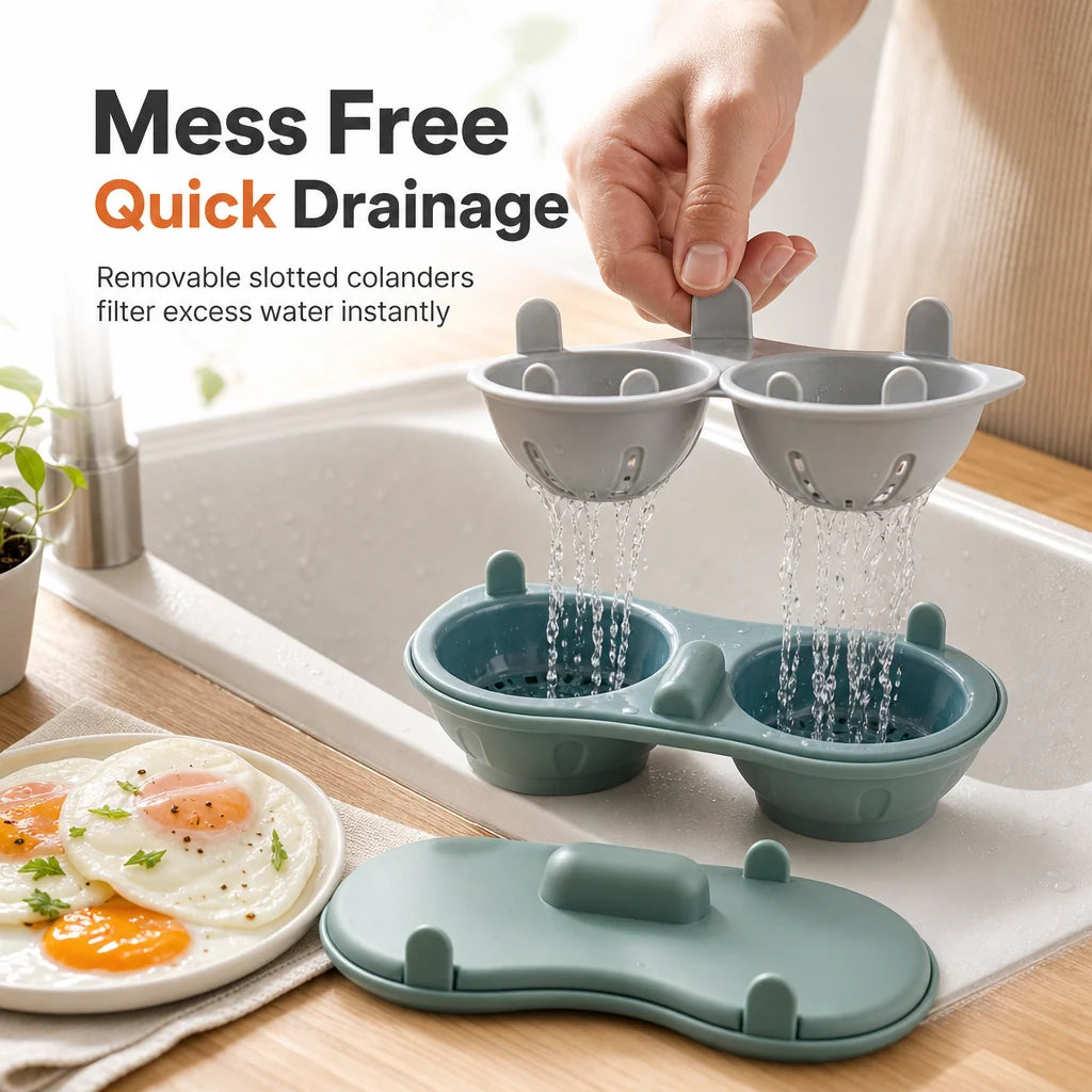🍳✨ Microwave Double Egg Poacher – 2-Egg Quick Cooker with Lift-Out Drain Basket, Mess-Free Breakfast Maker, Detachable Microwave Egg Steamer for Easy Morning Meals 🥚