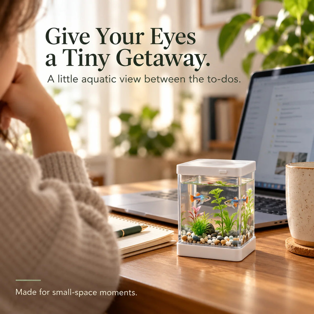 🐠🌿 Mini Desktop Aquarium Display – Clear-Sided Fish Scene with Decorative Plants, Pebble Details & Removable Top | Cozy Desk Decor ✨