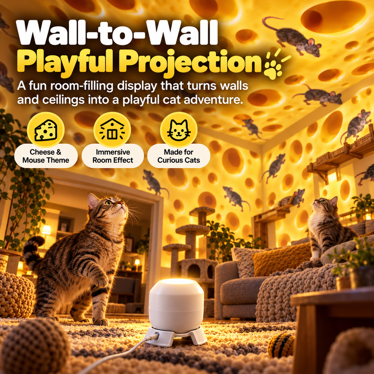 Wall to wall mouse and cheese projection surrounding indoor cats