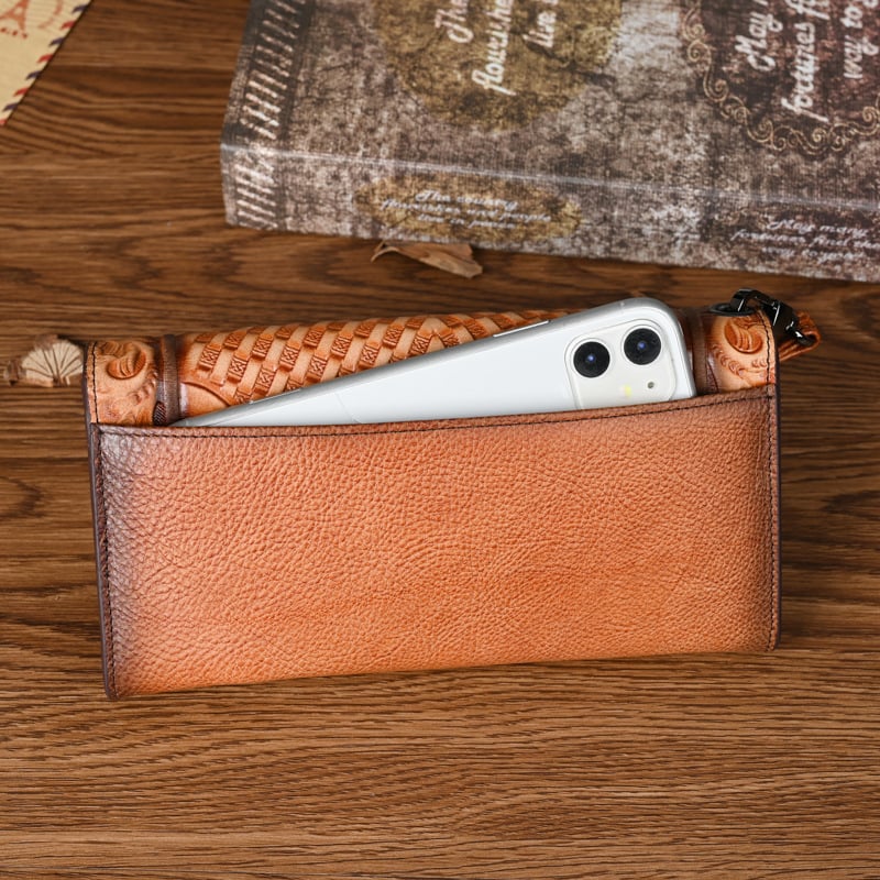 Genuine Leather Hand-Tooled Vintage Floral Wallet – Western Style Clutch & Wristlet