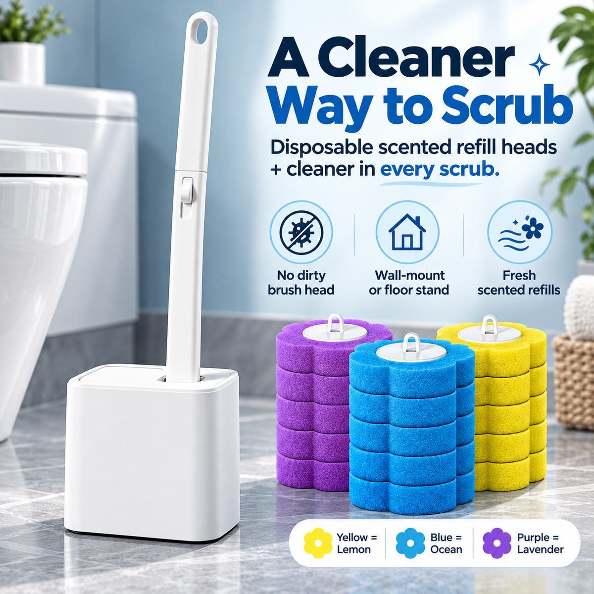 🚽✨ Say Goodbye to Dirty Toilet Brushes! 🧼🌸 Disposable Toilet Cleaning Brush Set with Scented Refill Heads 💦🍋