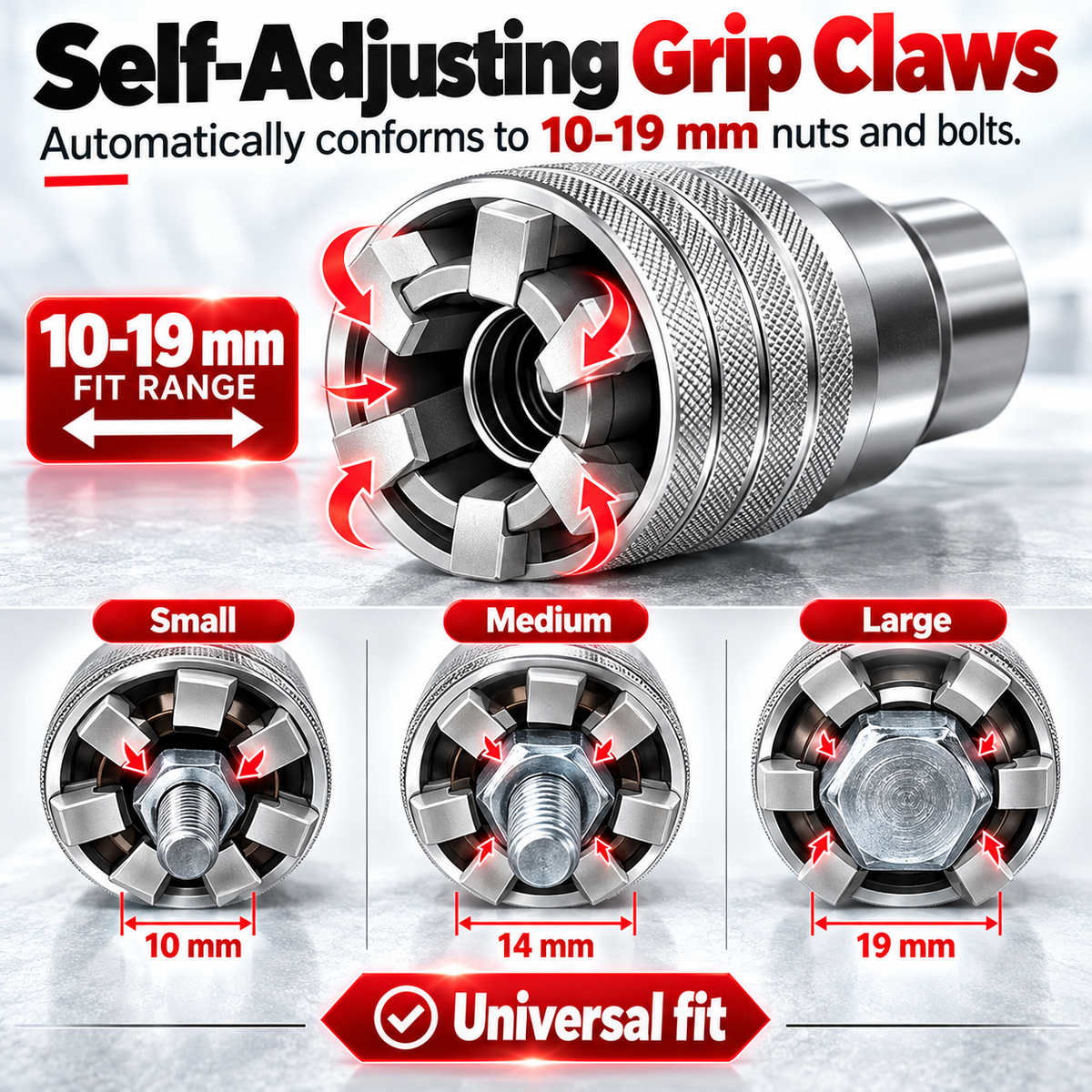 🔧2-Pack Self-Adjusting Universal Socket Set – 10–19mm Grip with 3/8" Drive Adapters