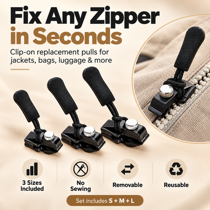 🔧✨ Universal Zipper Repair Kit – No-Sew Detachable Zipper Pull Replacement 🧥🎒 Quick Fix for Broken Zippers ⚡ Adjustable Screw-Lock Design 🔒 3 Sizes (S/M/L) for Jackets, Backpacks, Luggage & More 🧳💖