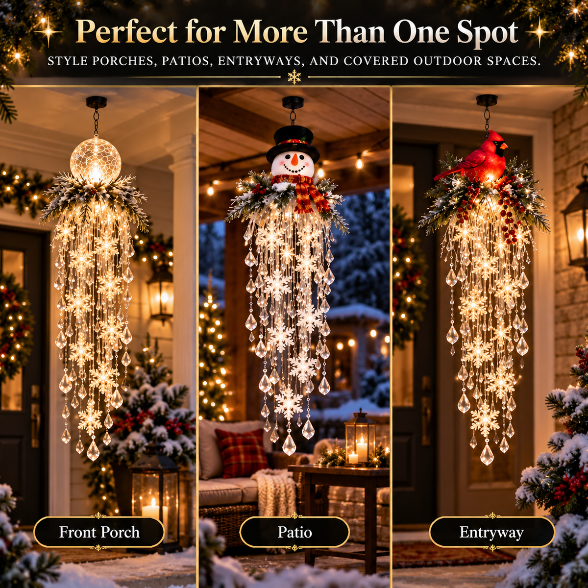 Christmas cascade decorations displayed on front porch patio and entryway