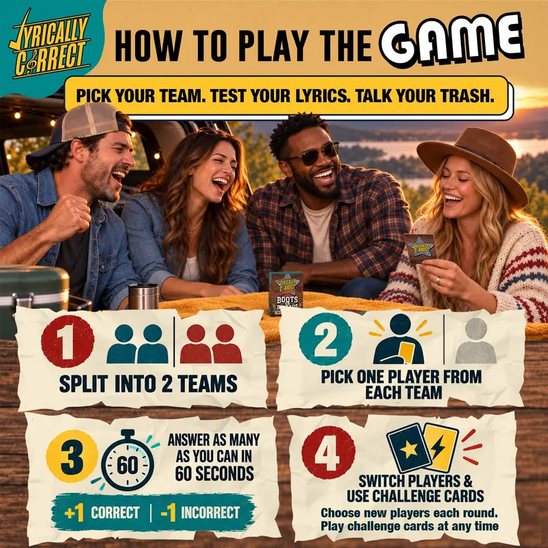 Illustrated Boots and Ballads four-step gameplay guide with teams, 60-second round and challenge cards