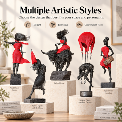 Handmade Wire Art Sculptures – Expressive Red-Accent Figurines for Home & Office
