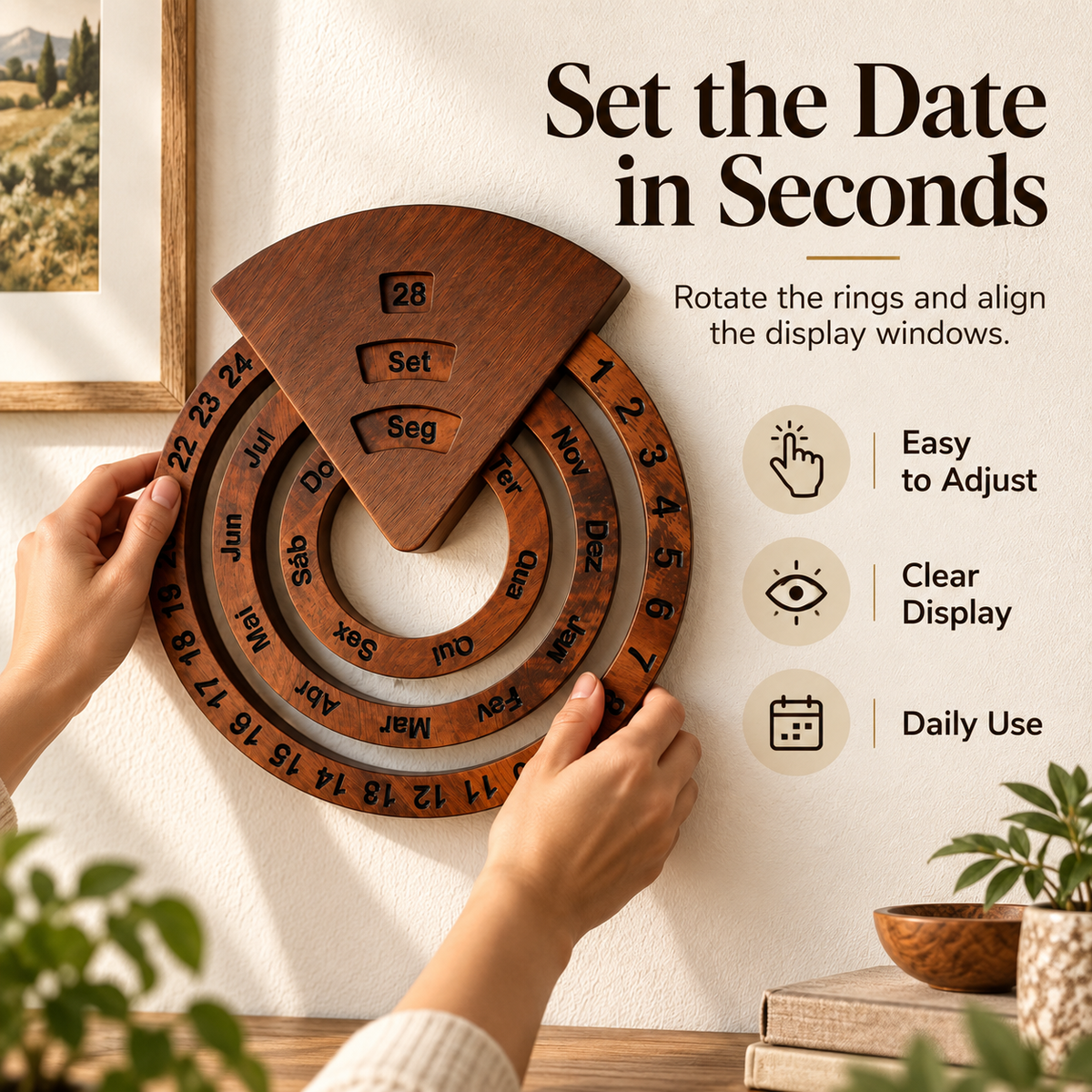 🗓️ Wooden Perpetual Wall Calendar – Set the Date, Enjoy It Year After Year
