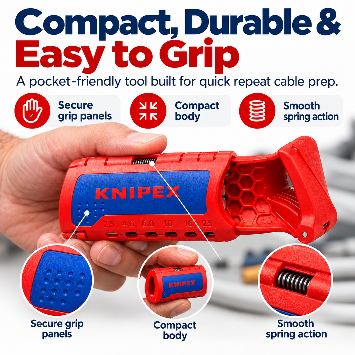 Handheld red cable stripping tool with textured blue grip panel, compact body and spring mechanism close-ups