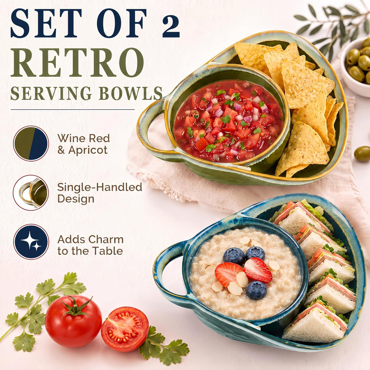 Set of two retro divided serving bowls with chips salsa oatmeal and sandwiches