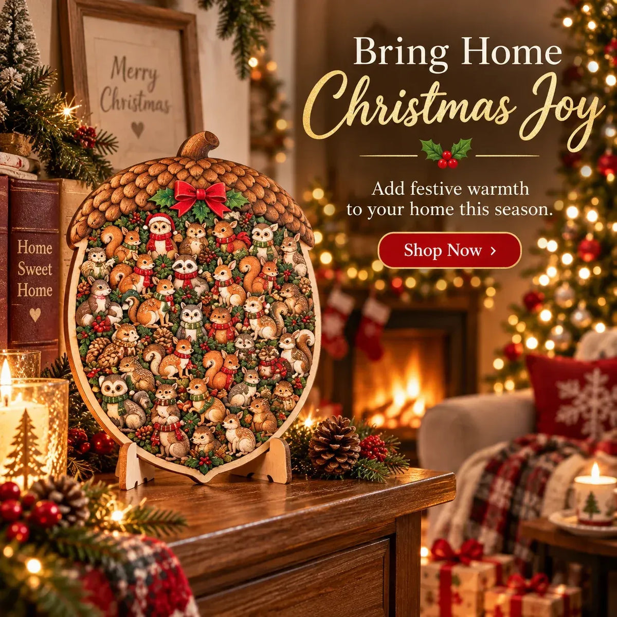 Completed wooden Christmas puzzle displayed in warm decorated living room