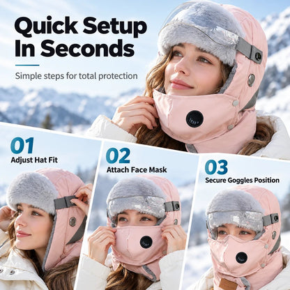 Steps for wearing and adapting the detachable ushanka mask and goggles