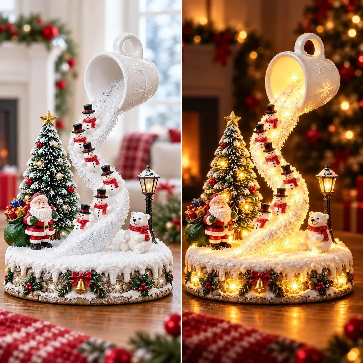 Snowmen's Magical Snowfall Mug daylight and nighttime illumination comparison