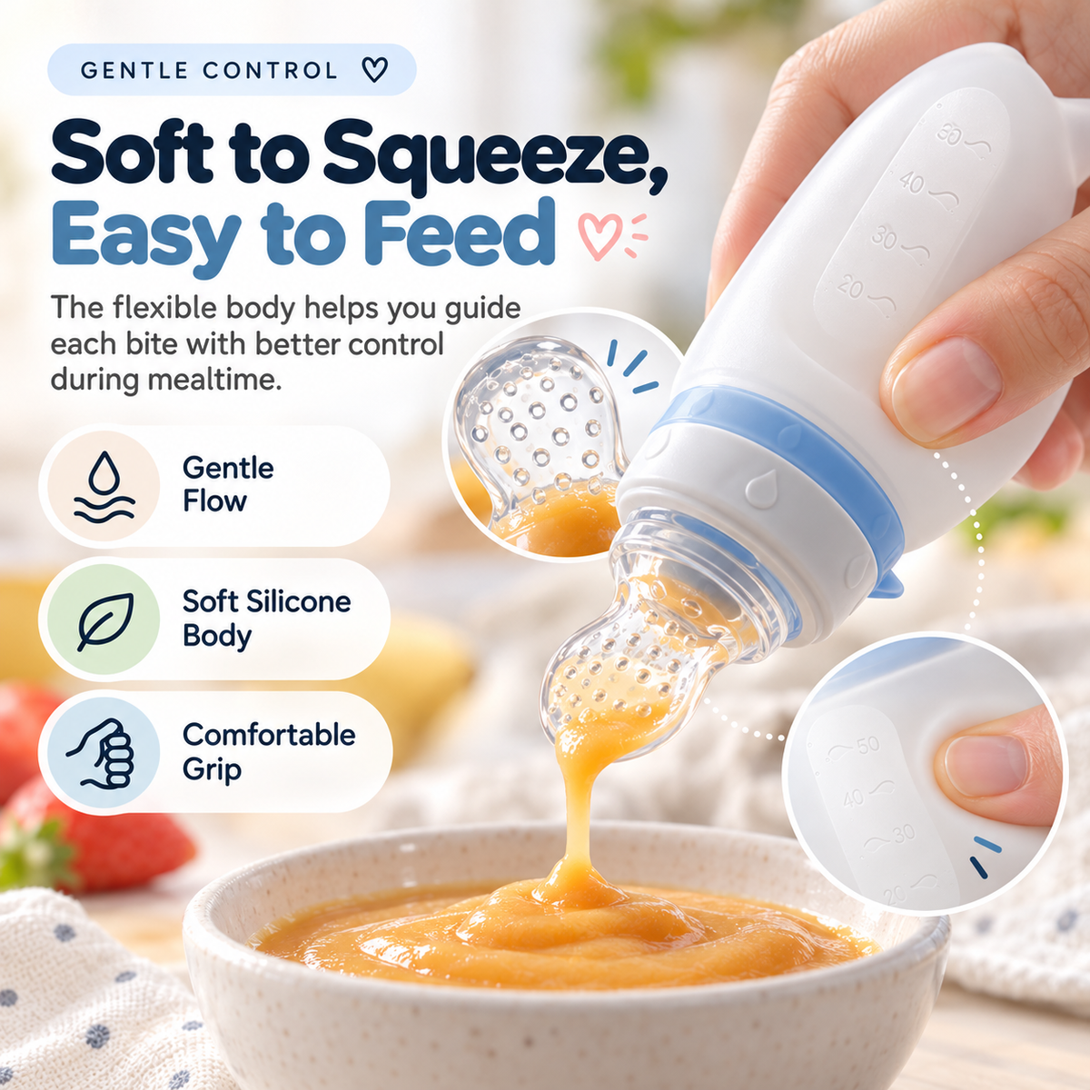 Hand gently squeezing baby puree feeder bottle