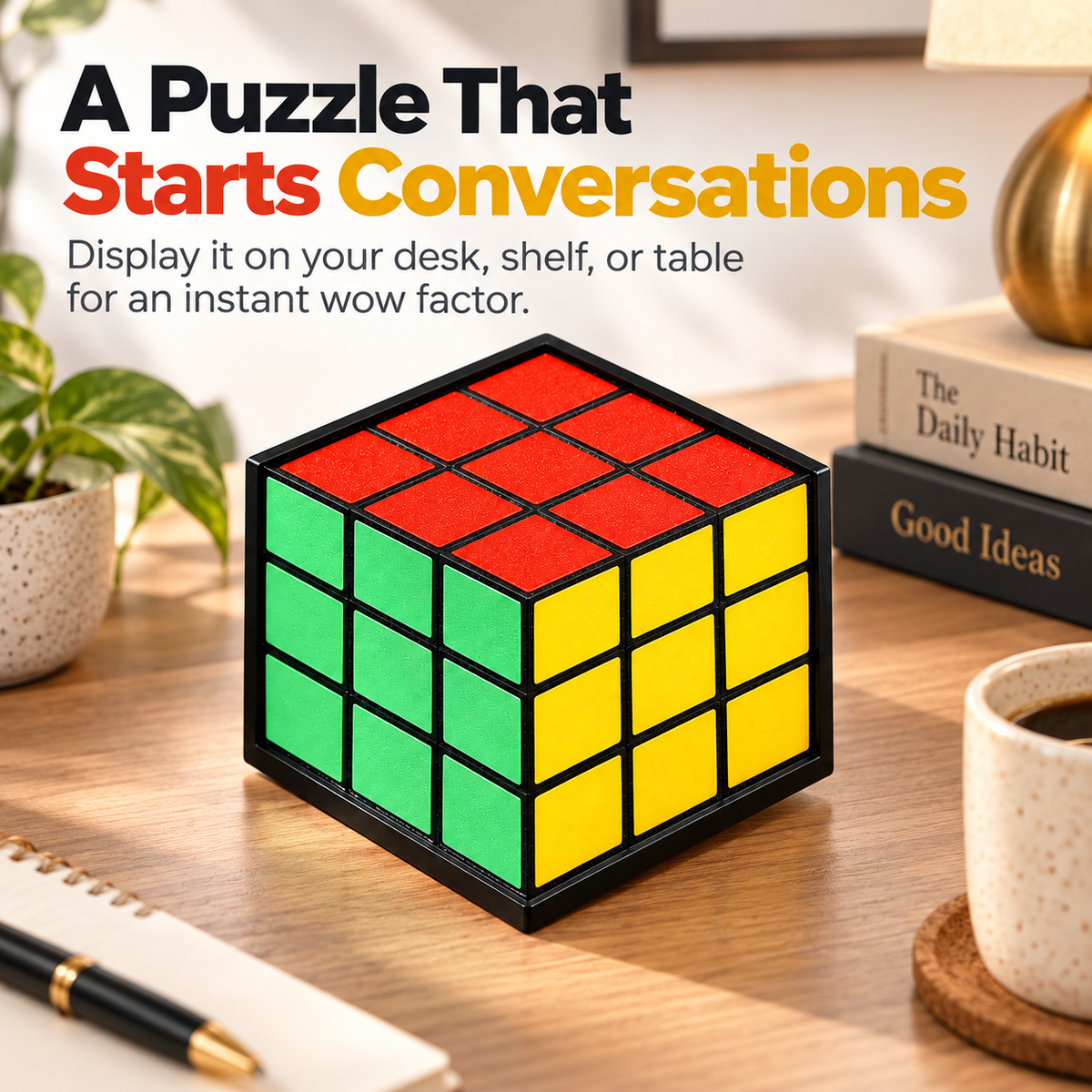 Colorful optical illusion cube puzzle displayed on a desk with books, notebook and coffee