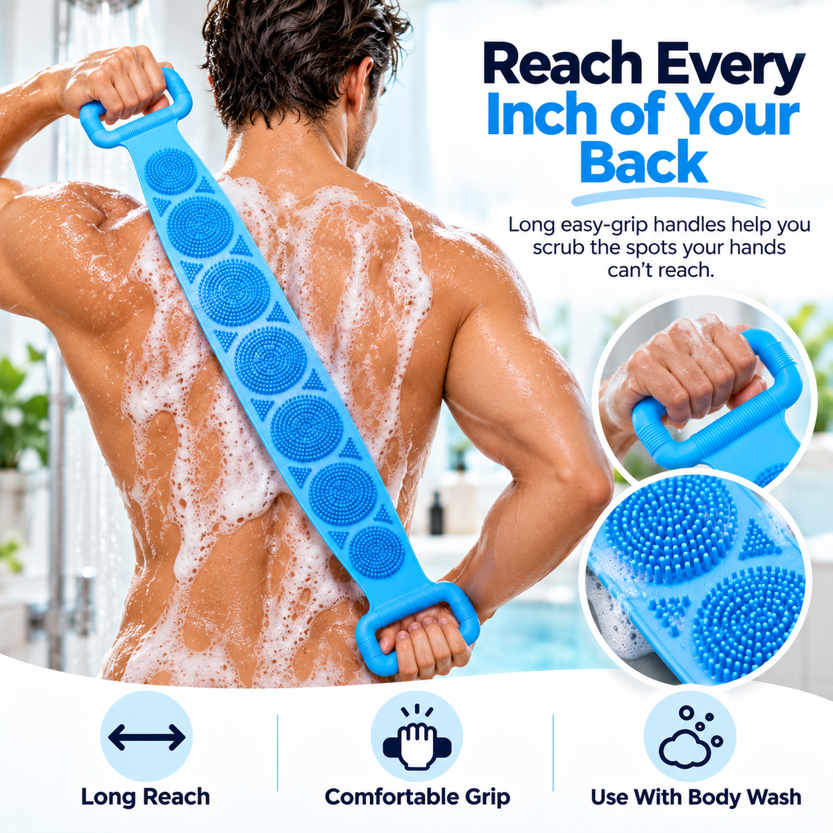 Man using long silicone scrubber strap across entire back with dual handles