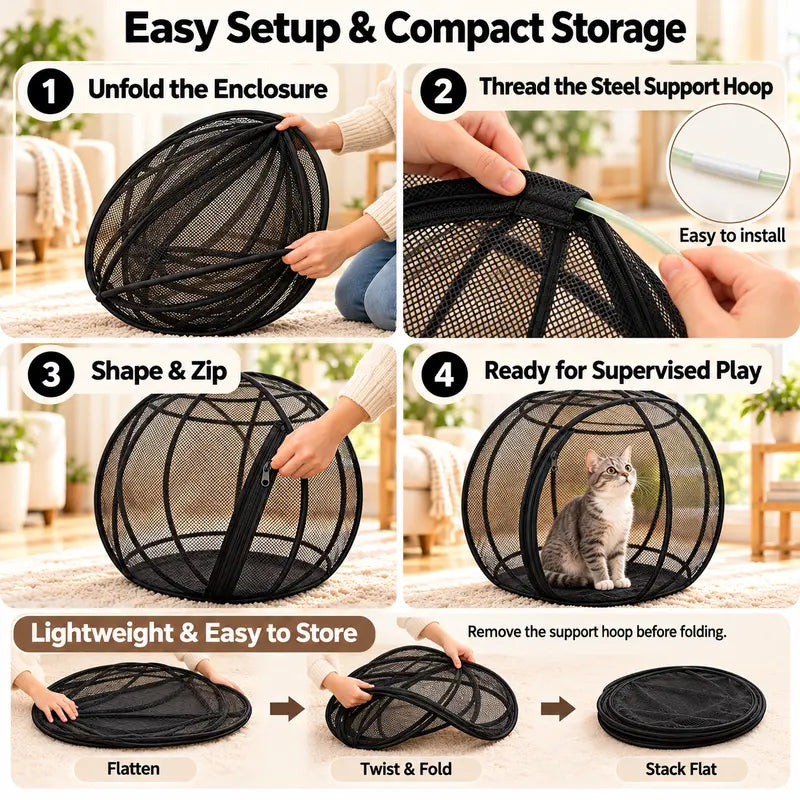 Step-by-step guide showing the collapsible mesh playpen being unfolded, fitted with its support hoop and prepared for use